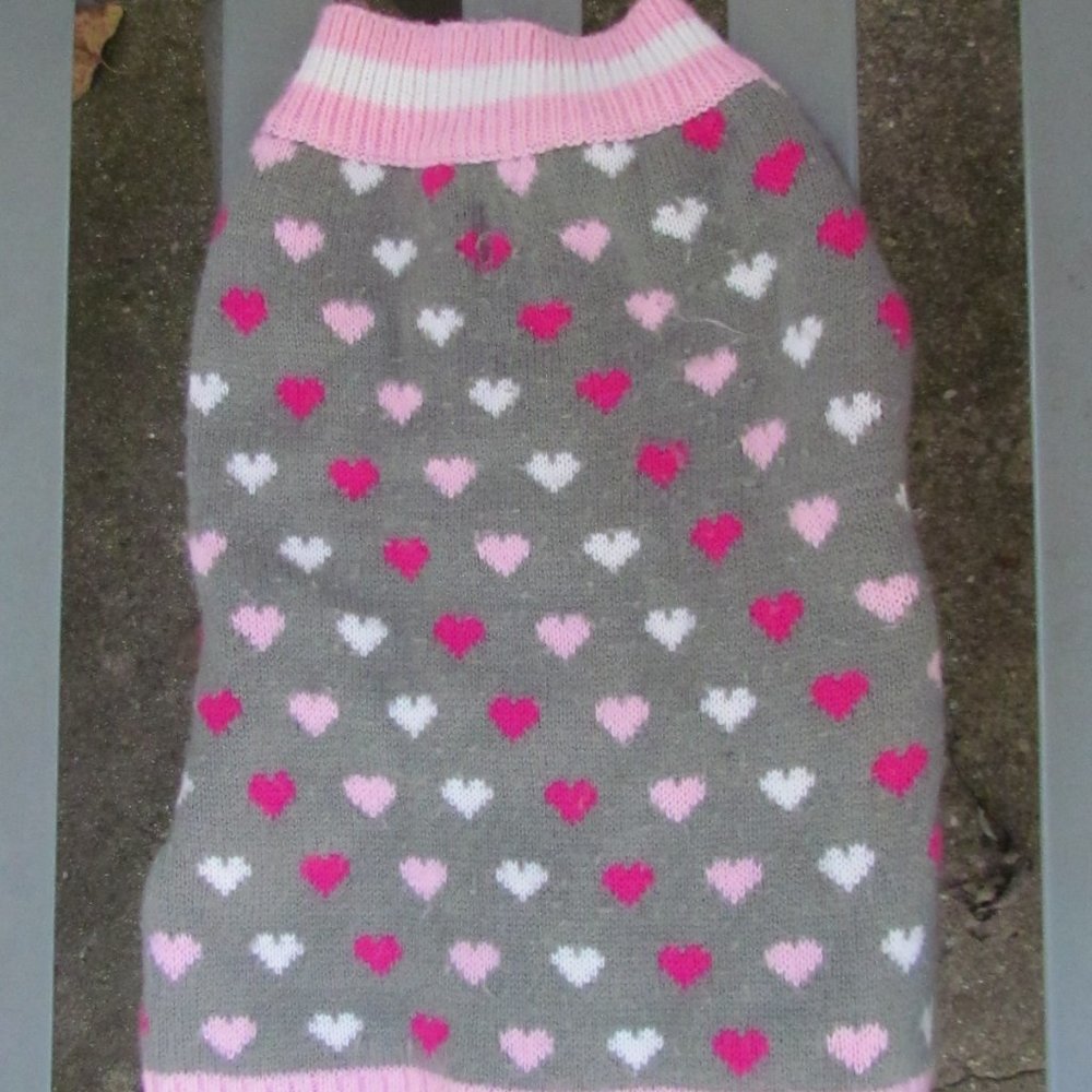 Medium Pink Hearts Dog Sweater with Knit Band and Collar